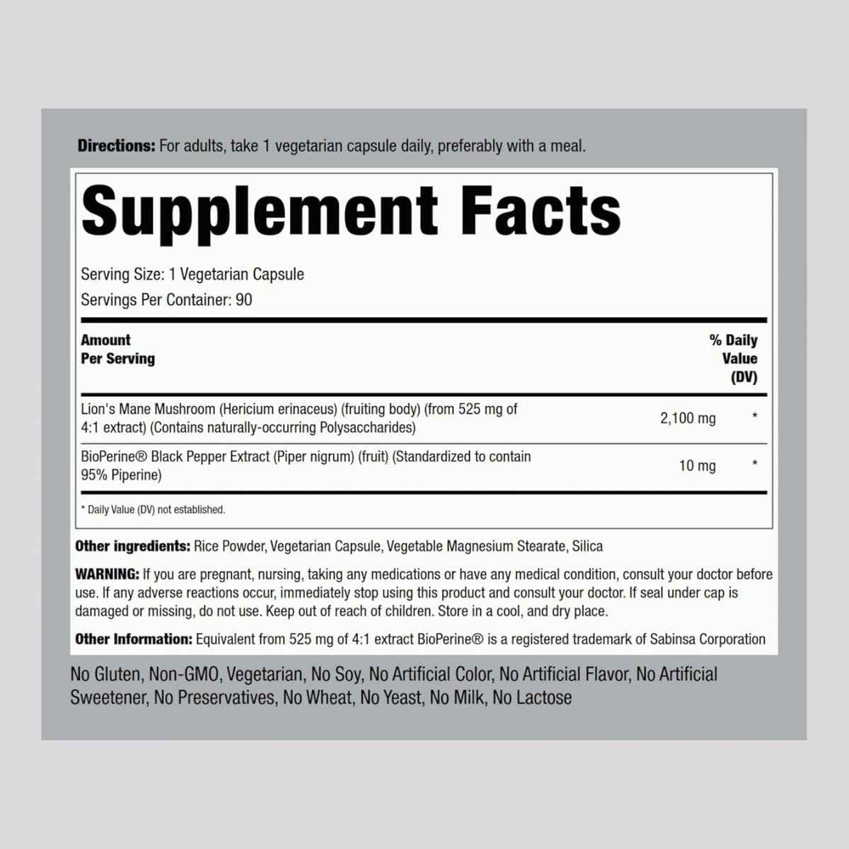 Tabla nutricional del suplemento Piping Rock Melena de León 2100 mg 90 cápsulas