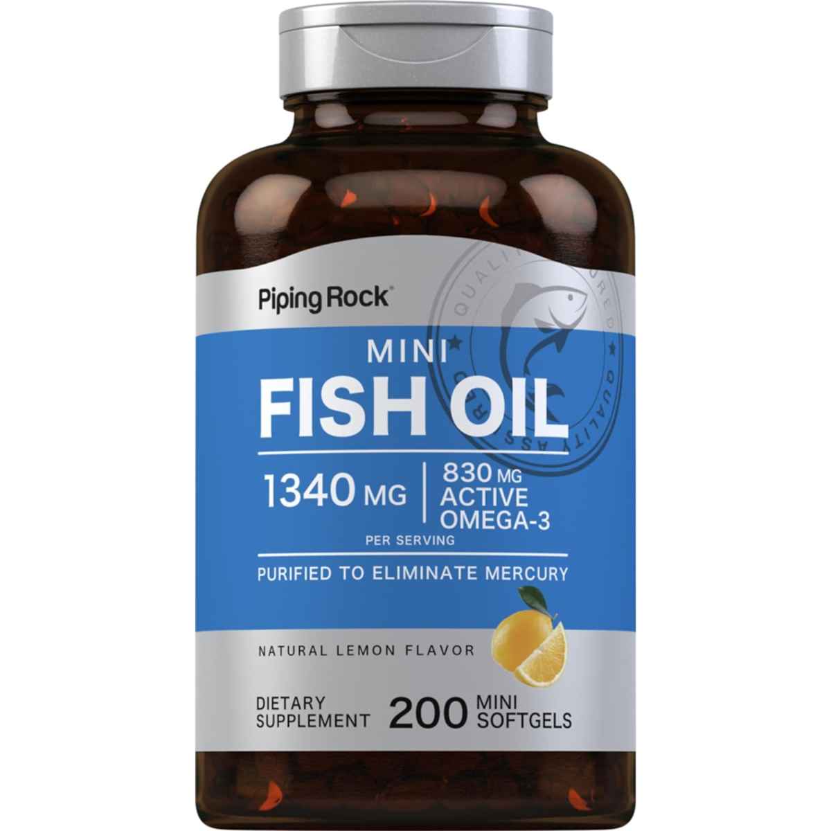Frasco frontal de Piping Rock Mini Fish Oil 1340 mg con 830 mg de Omega 3, 200 cápsulas blandas