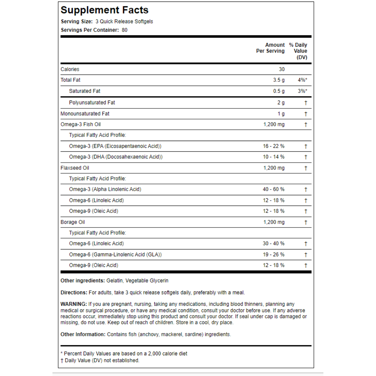 Información del suplemento de Piping Rock Omega 3-6-9 3600 mg, presentación de 240 cápsulas blandas