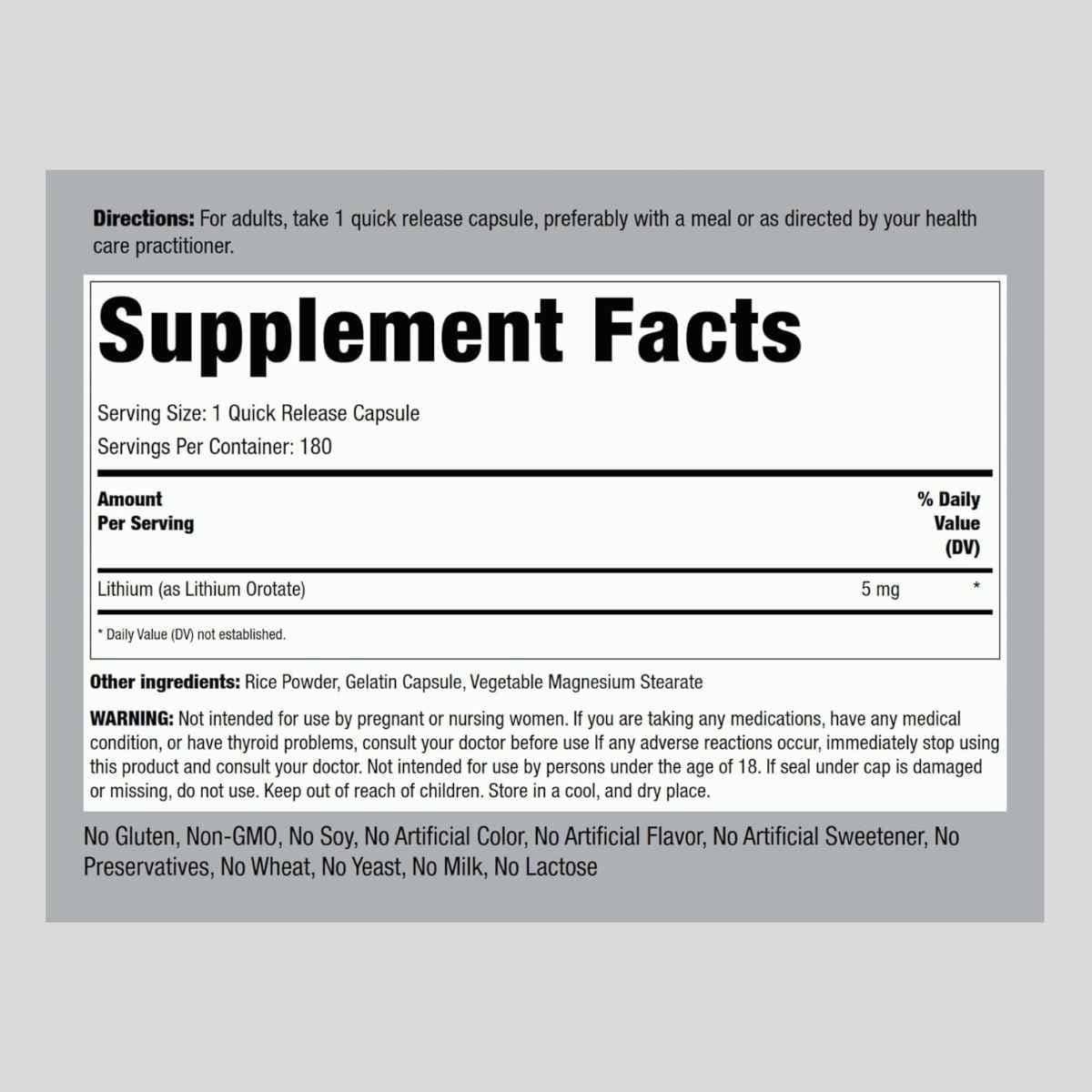 Tabla nutricional del suplemento Piping Rock Orotato de Litio 180 Cápsulas
