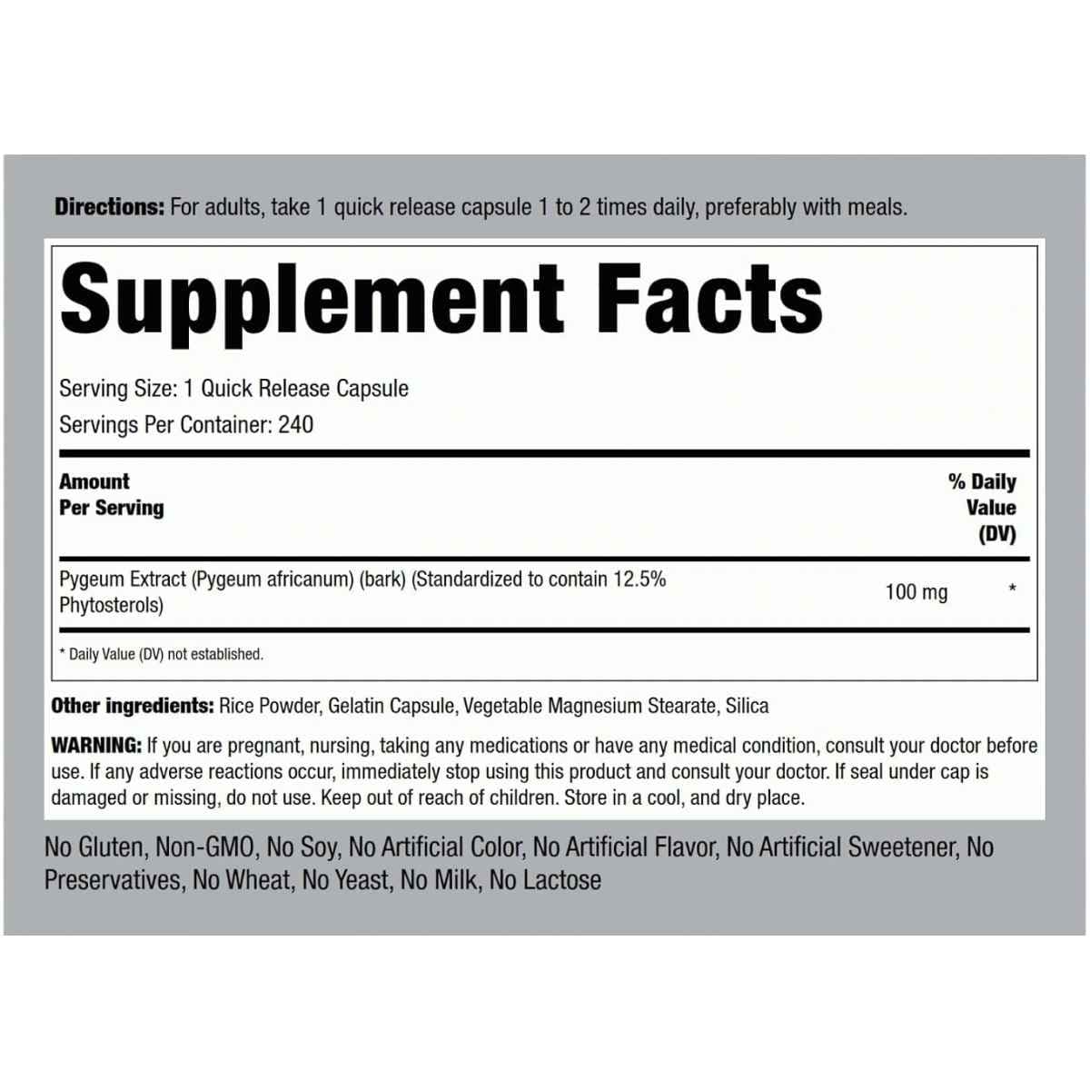 Etiqueta de Piping Rock Pygeum 100 mg con información del suplemento, ingredientes, modo de uso y advertencias