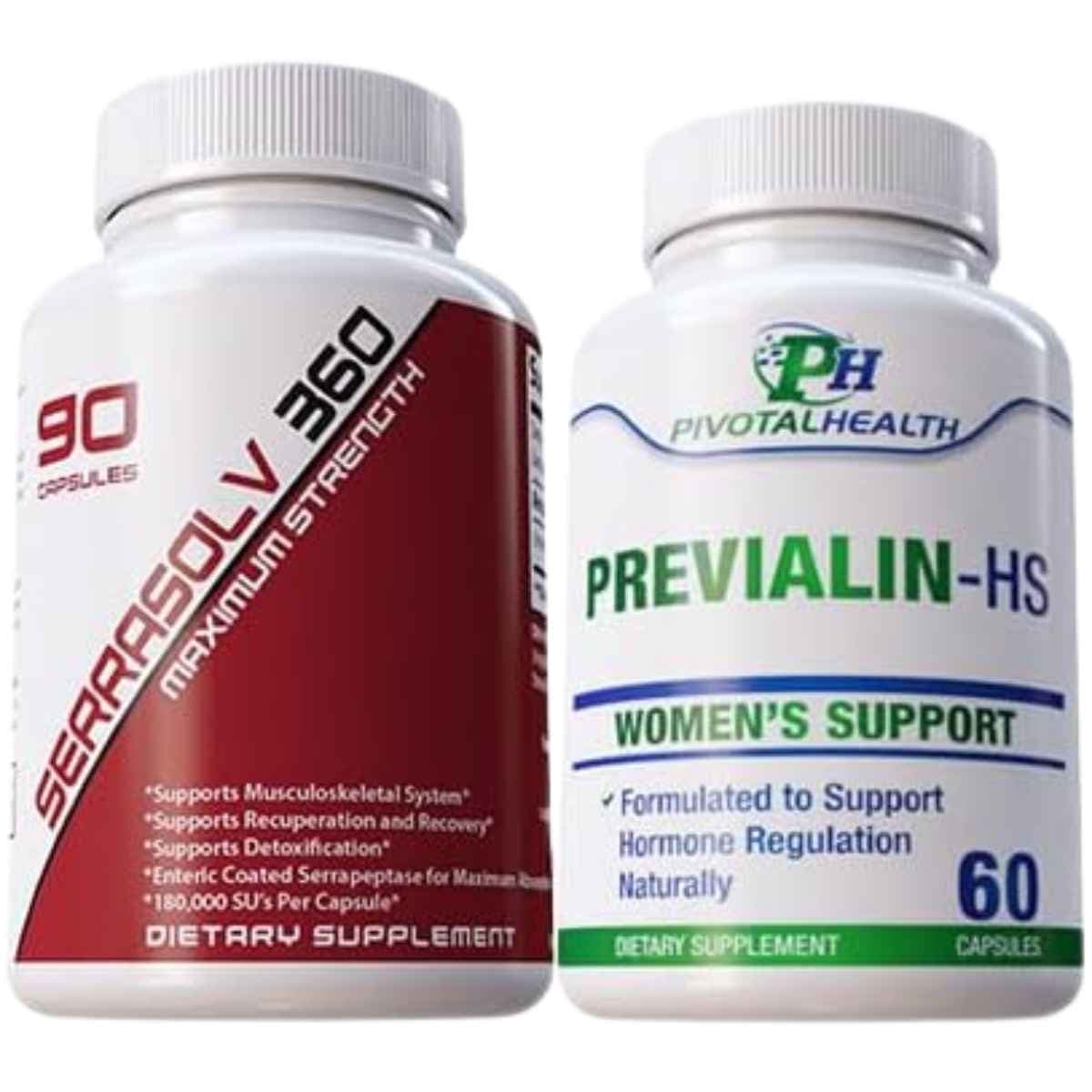 Frascos de suplemento Pivotal Health Serrasolv 360 (90 cápsulas) y Previalin-HS (60 cápsulas)