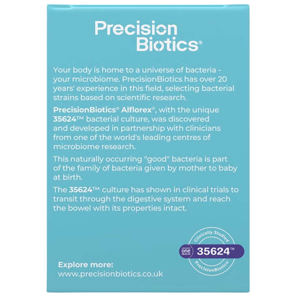 Etiqueta con información del suplemento Precision Biotics Alflorex Original Cepa 35624 30 Cápsulas