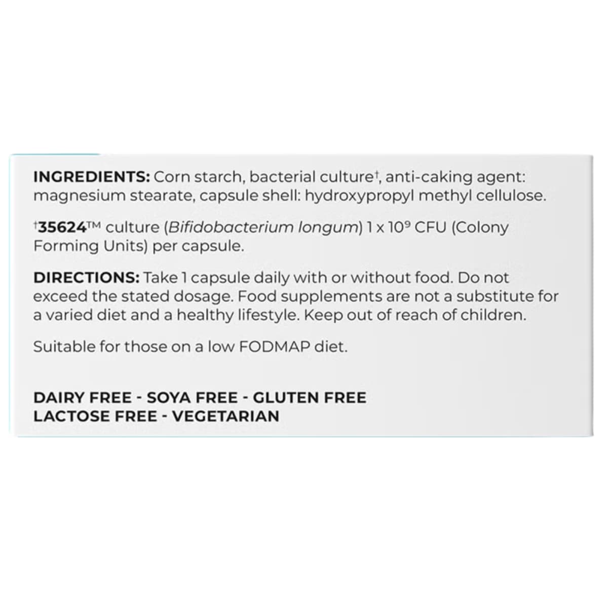 Tabla nutricional del suplemento Precision Biotics Alflorex Original Cepa 35624 30 Cápsulas