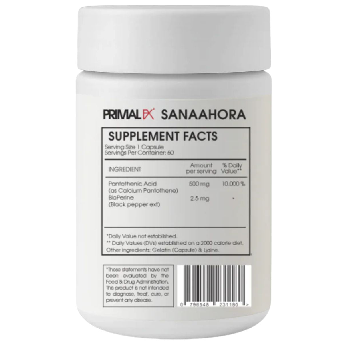 Tabla nutricional del suplemento Primal FX Ácido Pantoténico 500 mg 60 cápsulas
