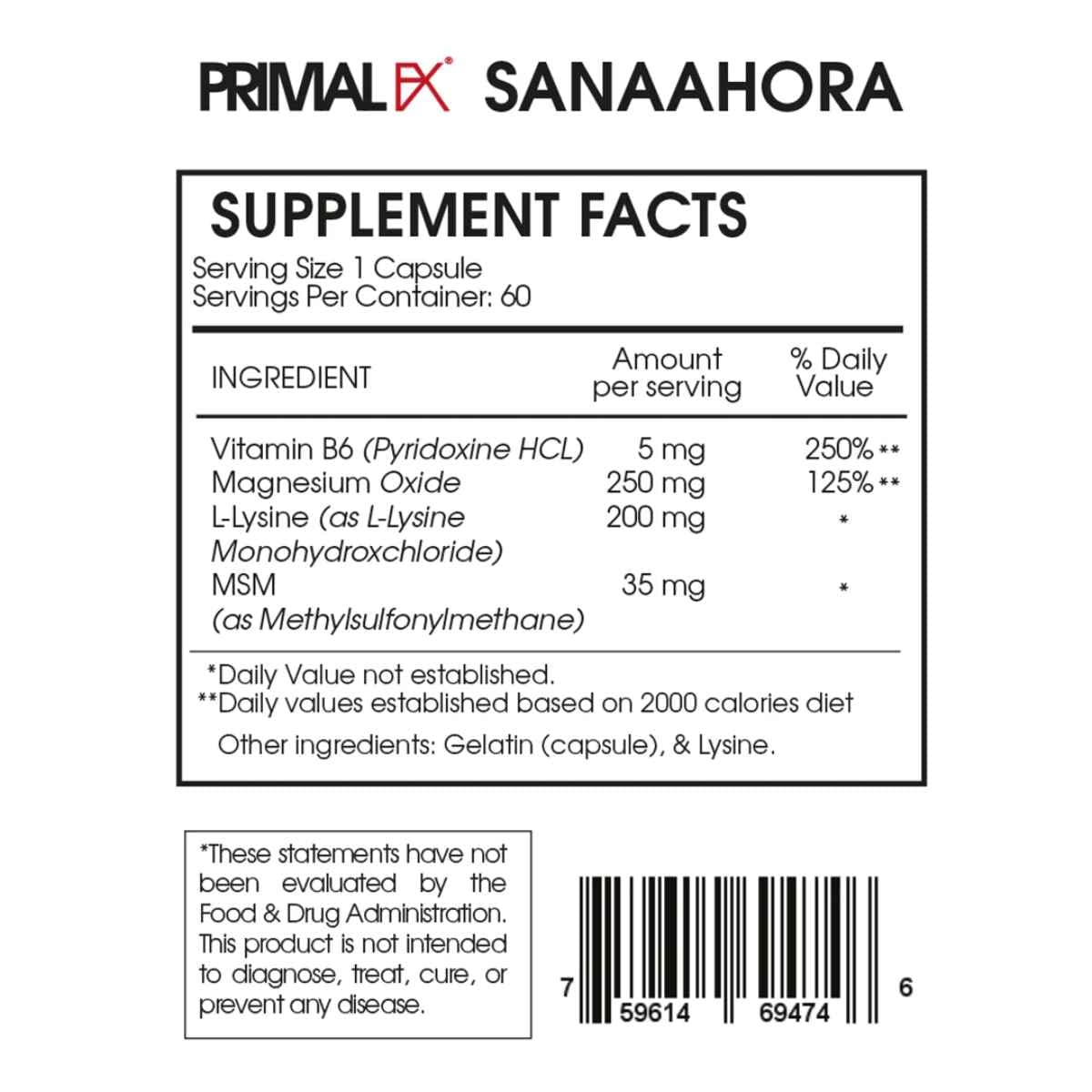 Etiqueta del suplemento Primal FX de magnesio con lisina con información nutricional y composición