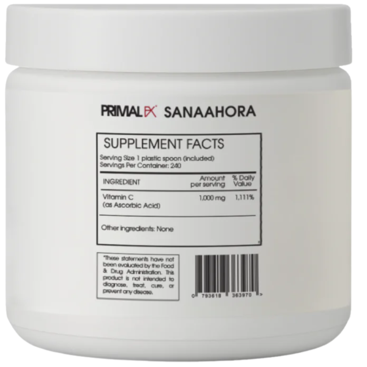 Información del suplemento de Primal FX VIT C vitamina C ácido ascórbico, 240 g