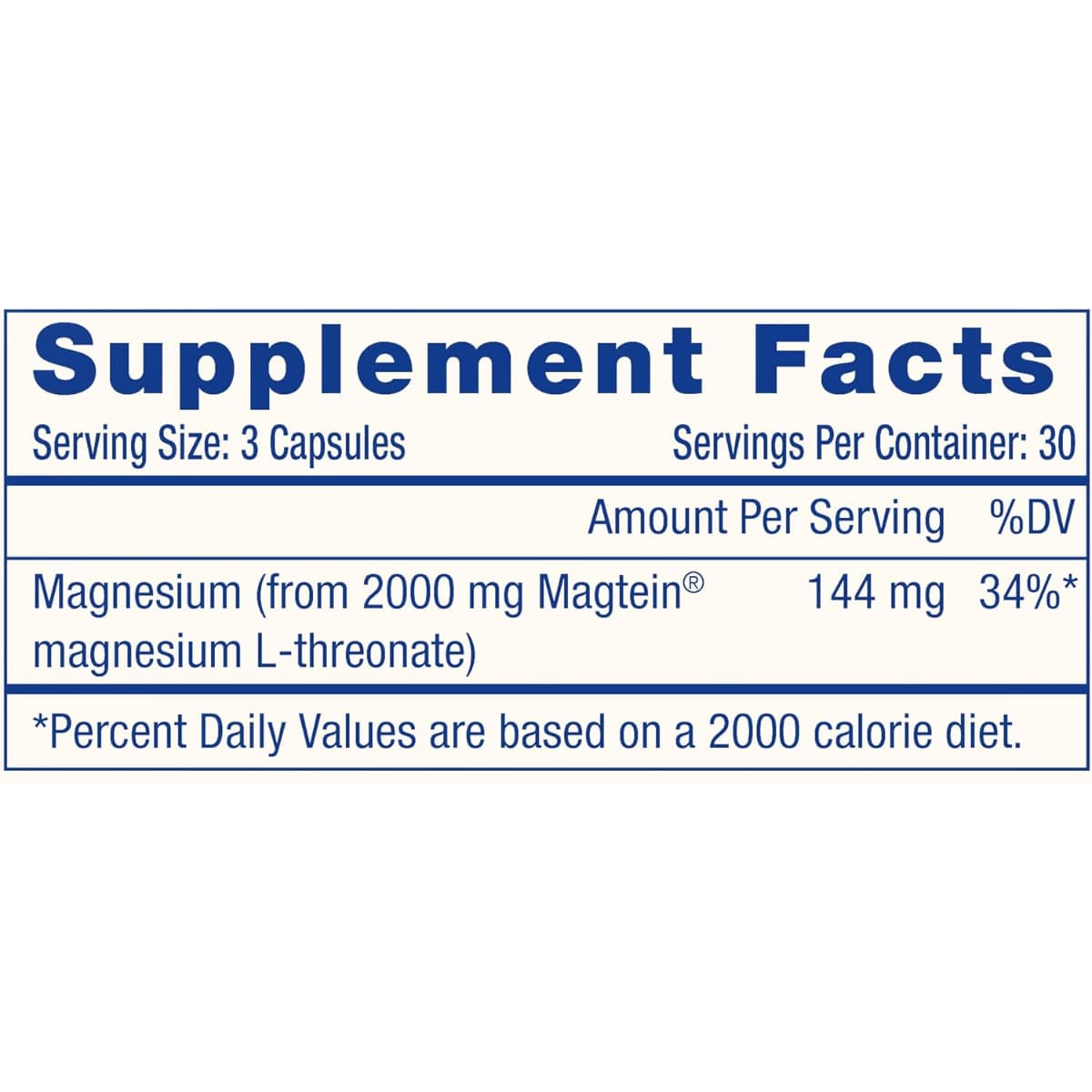 Tabla nutricional del suplemento ProHealth Longevity Brain‑Mag Pro Magnesium L‑Threonate, 90 cápsulas
