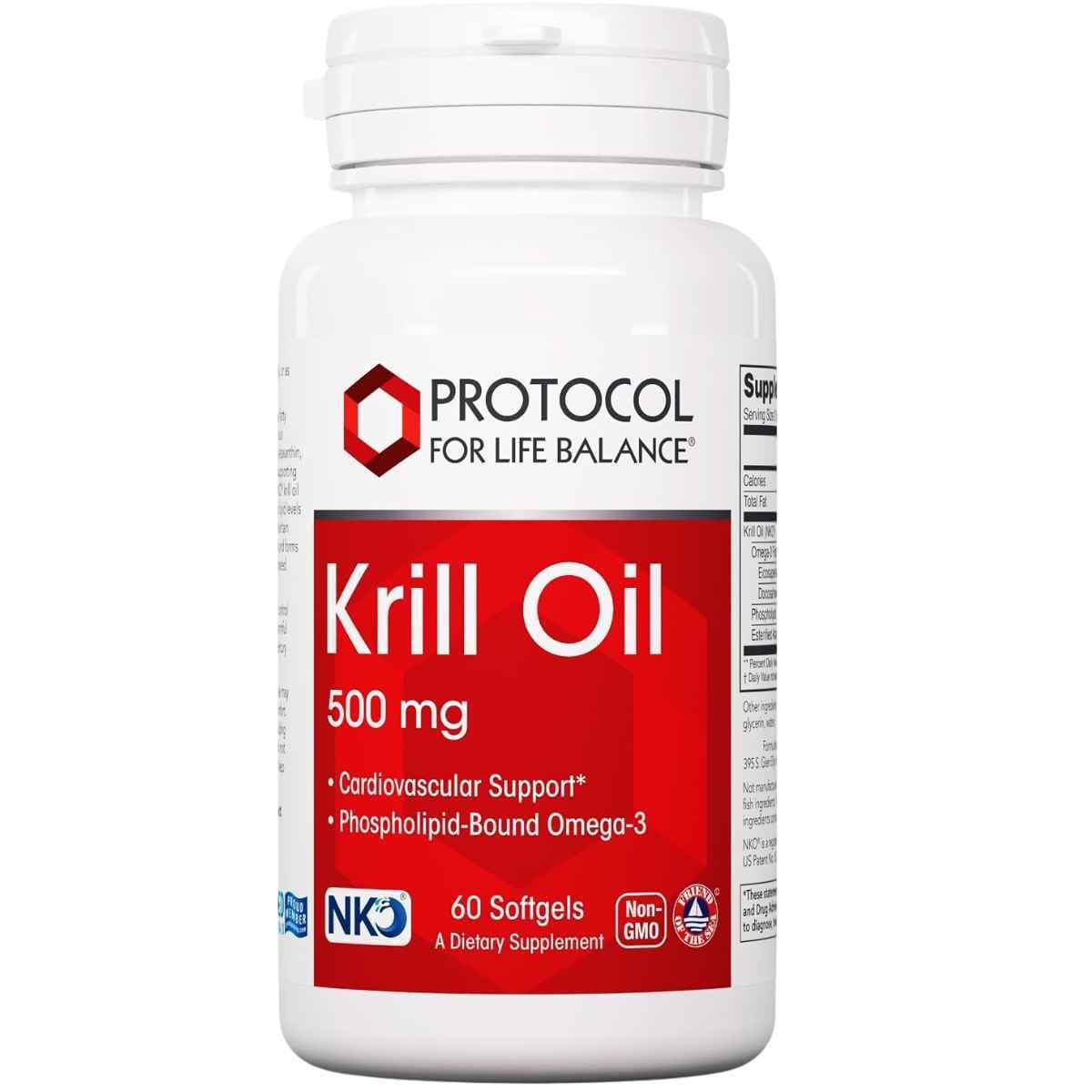 Frasco frontal de Protocol For Life Balance aceite de krill 500 mg, presentación de 60 cápsulas blandas.