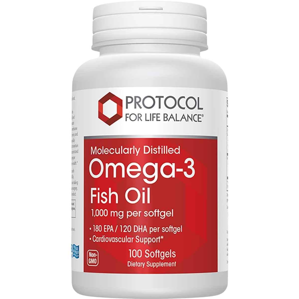 Frasco frontal de Protocol For Life Balance omega 3 con 180 mg de EPA y 120 mg de DHA por cápsula blanda, presentación de 100 cápsulas blandas.