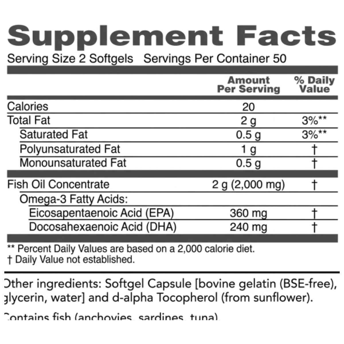 Información del suplemento de Protocol For Life Balance omega 3 con aceite de pescado, EPA, DHA e ingredientes.