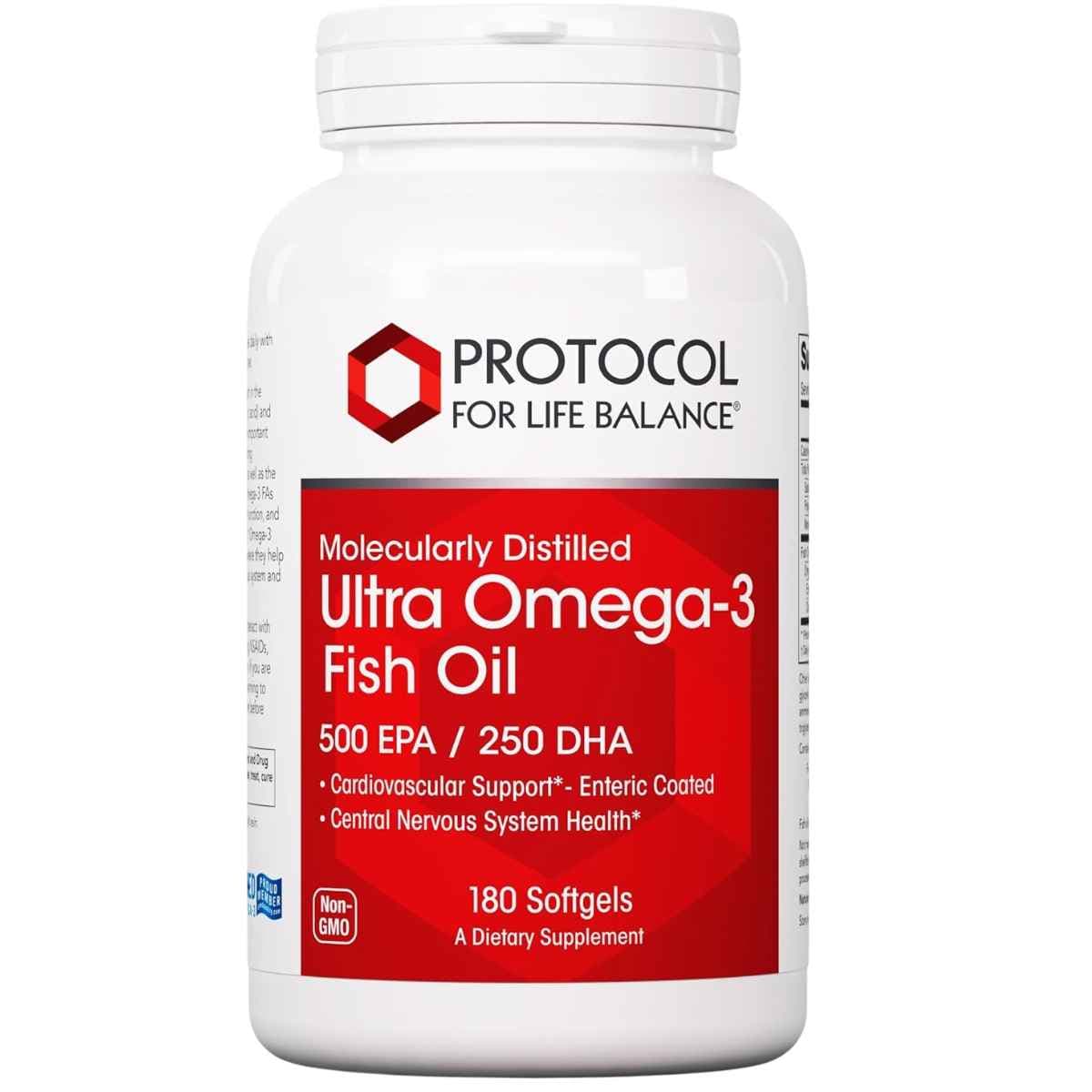 Frasco frontal de Protocol For Life Balance Ultra omega 3 con 500 mg de EPA y 250 mg de DHA, presentación de 180 cápsulas blandas.