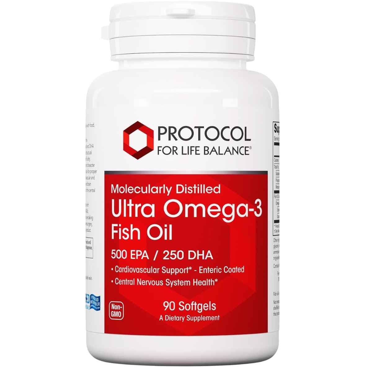 Frasco frontal de Protocol For Life Balance Ultra omega 3 con 500 mg de EPA y 250 mg de DHA, presentación de 90 cápsulas blandas.
