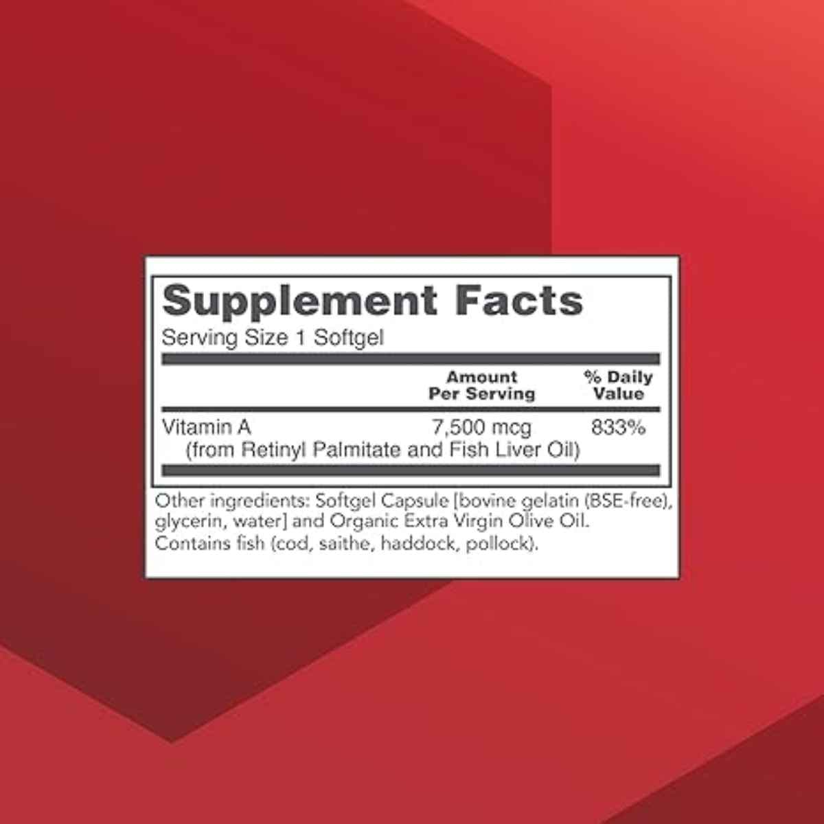 Tabla nutricional del suplemento Protocol For Life Balance Vitamina A 100 cápsulas blandas