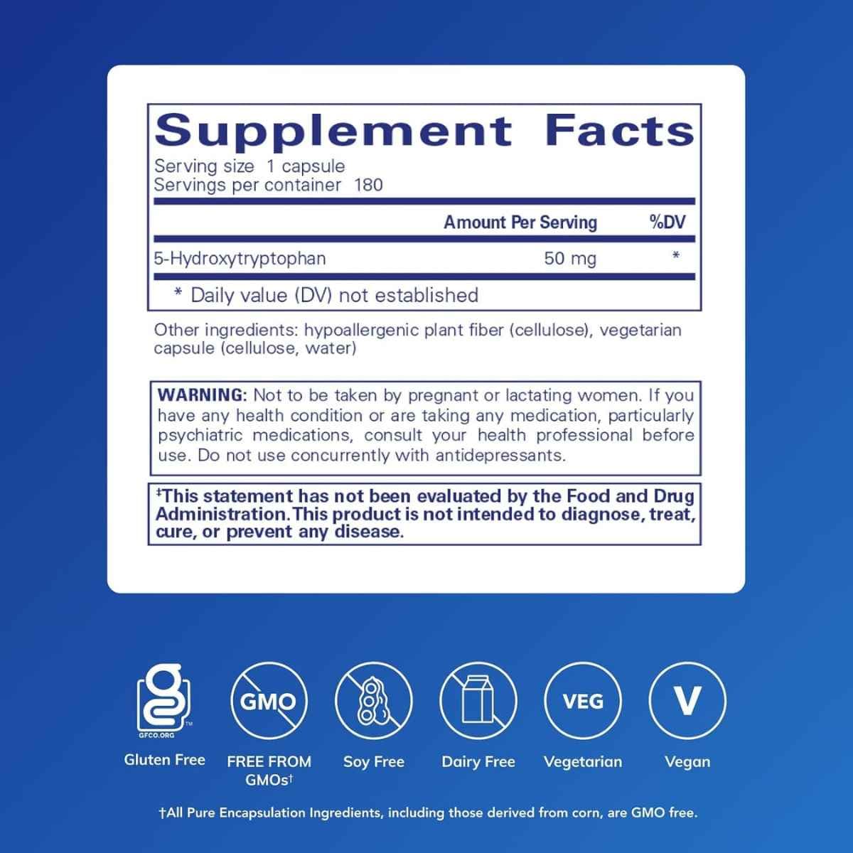 Tabla nutricional del suplemento Pure Encapsulations 5-HTP 50 mg 180 cápsulas