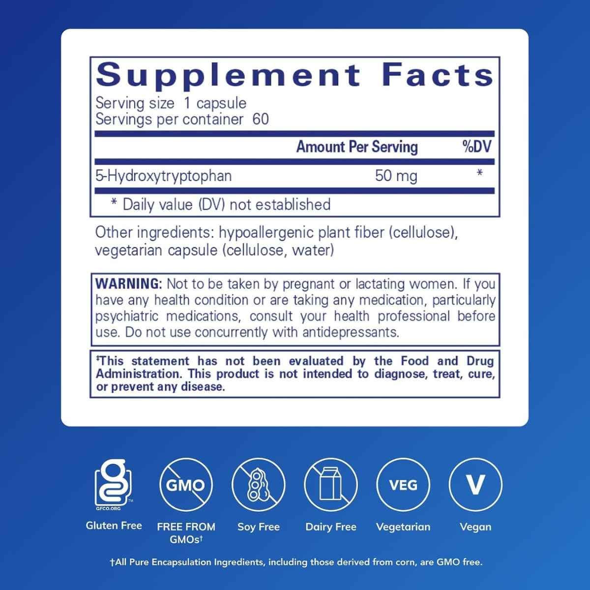 Tabla nutricional del suplemento Pure Encapsulations 5-HTP 50 mg 60 cápsulas
