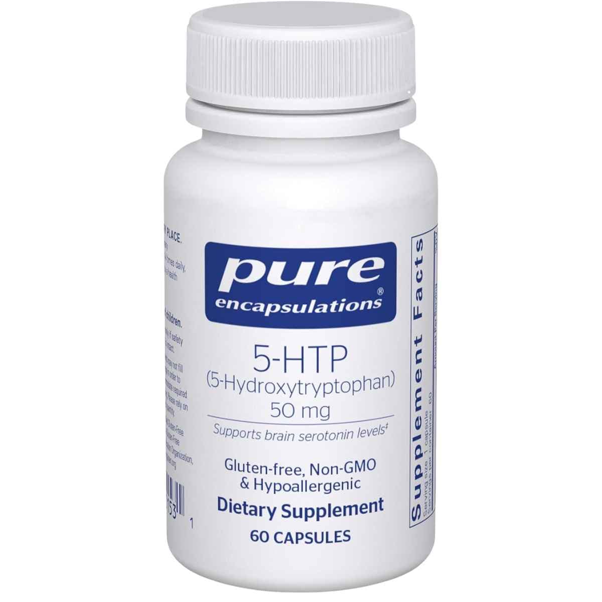 Frasco de suplemento Pure Encapsulations 5-HTP 50 mg 60 cápsulas