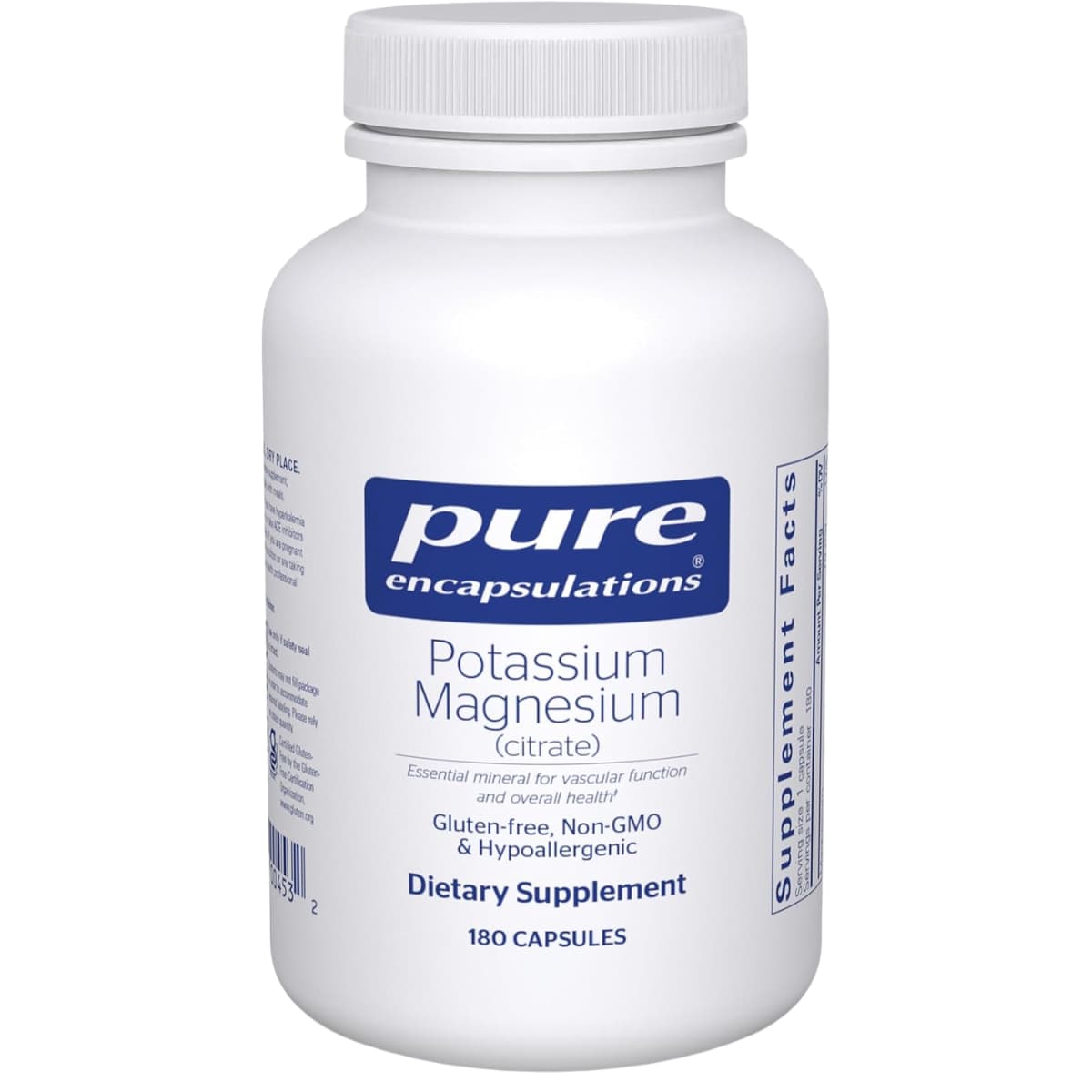 Frasco frontal de Pure Encapsulations citrato de potasio y citrato de magnesio, presentación de 180 cápsulas
