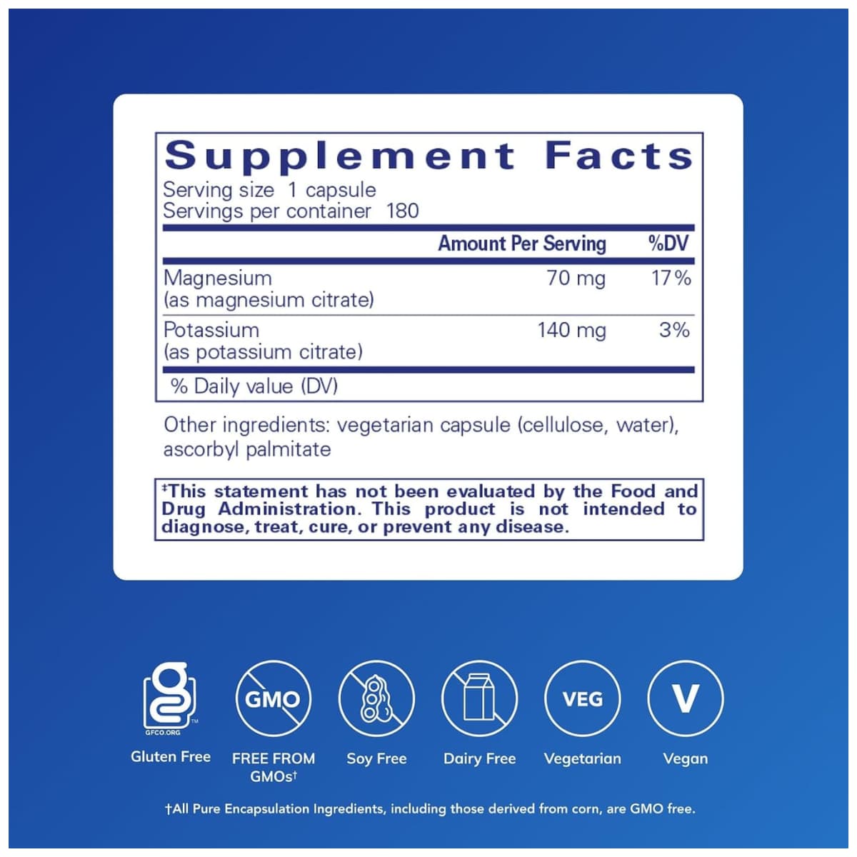 Información del suplemento de Pure Encapsulations citrato de potasio y citrato de magnesio para 180 cápsulas