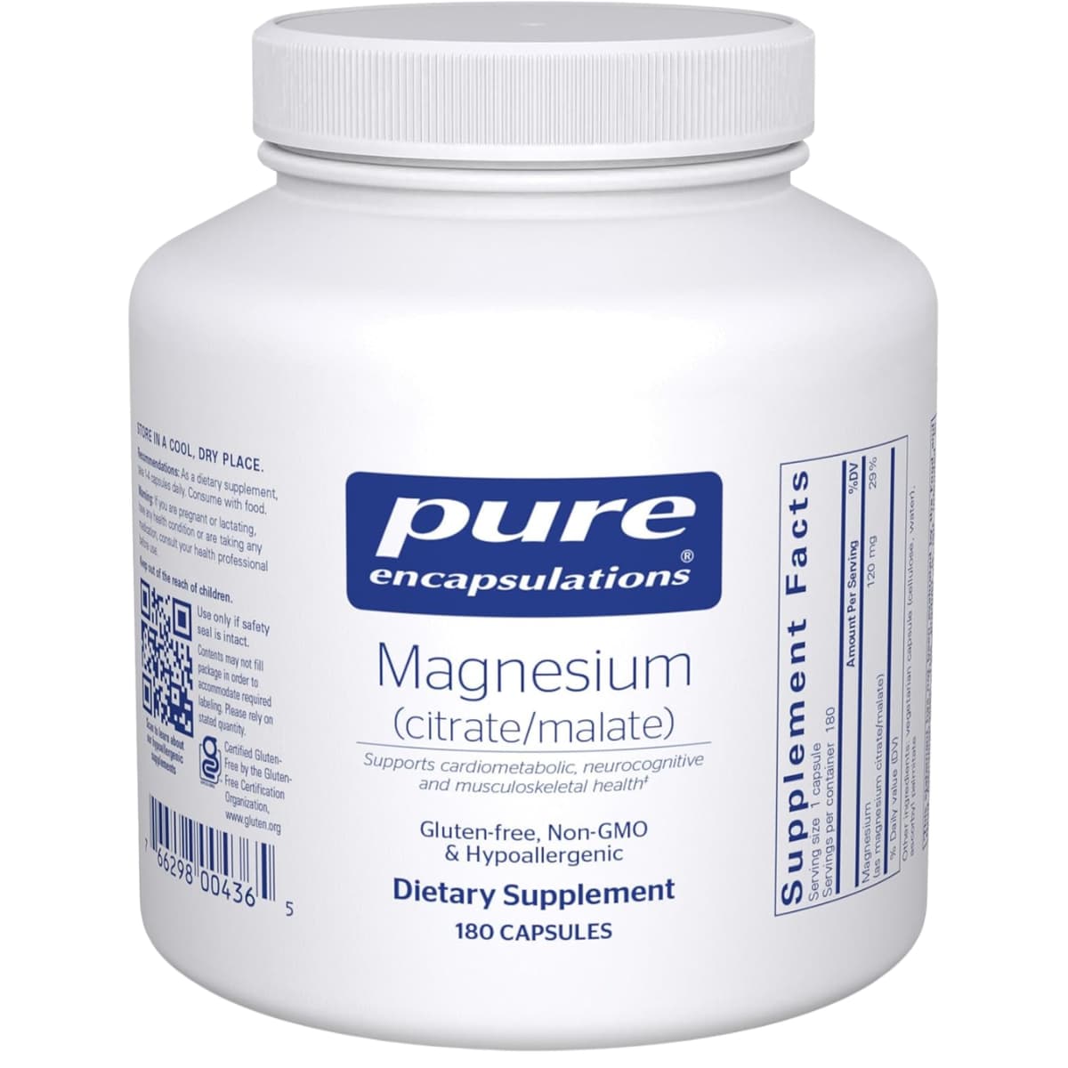 Frasco frontal de Pure Encapsulations citrato y malato de magnesio 180 cápsulas.