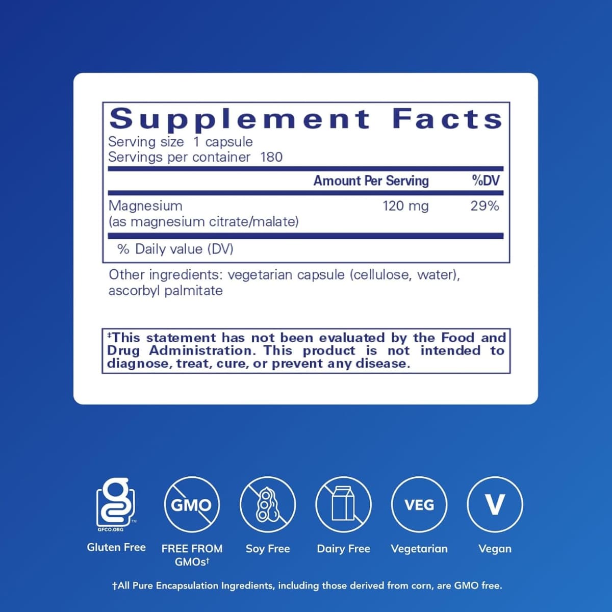 Información del suplemento de Pure Encapsulations citrato y malato de magnesio 180 cápsulas con 120 mg de magnesio por cápsula.
