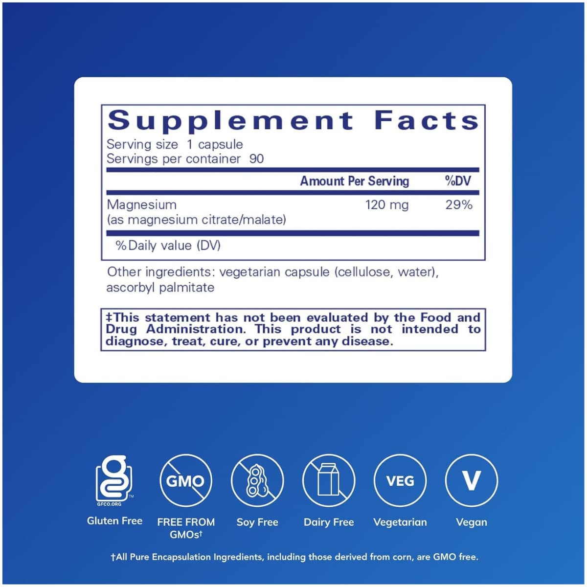 Información del suplemento de Pure Encapsulations citrato y malato de magnesio 90 cápsulas con 120 mg de magnesio por cápsula.