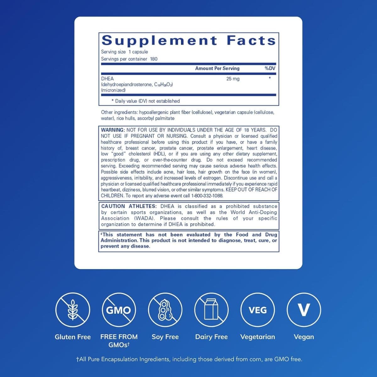 Tabla nutricional del suplemento Pure Encapsulations DHEA 25 mg 180 cápsulas