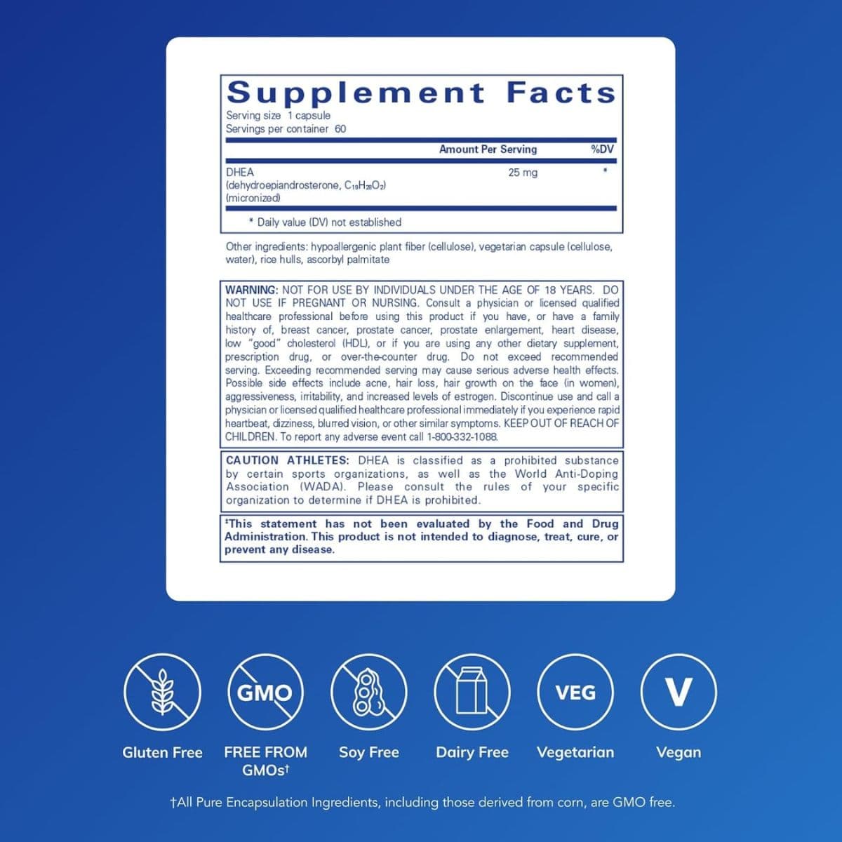 Tabla nutricional del suplemento Pure Encapsulations DHEA 25 mg 60 cápsulas