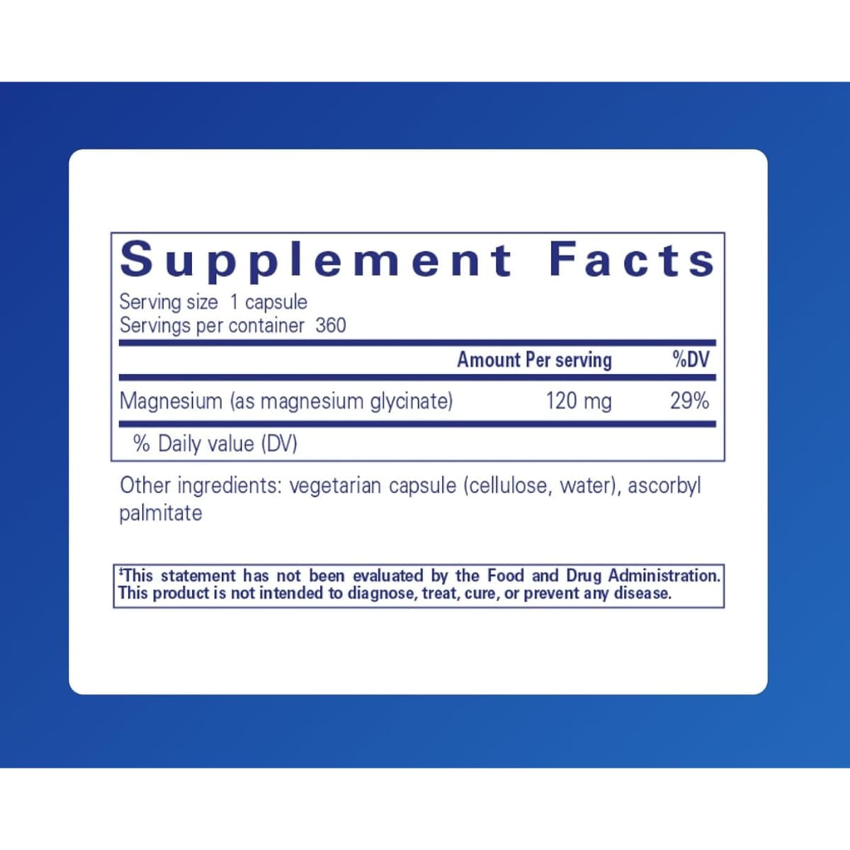 Información del suplemento de Pure Encapsulations glicinato de magnesio 120 mg, presentación de 360 cápsulas