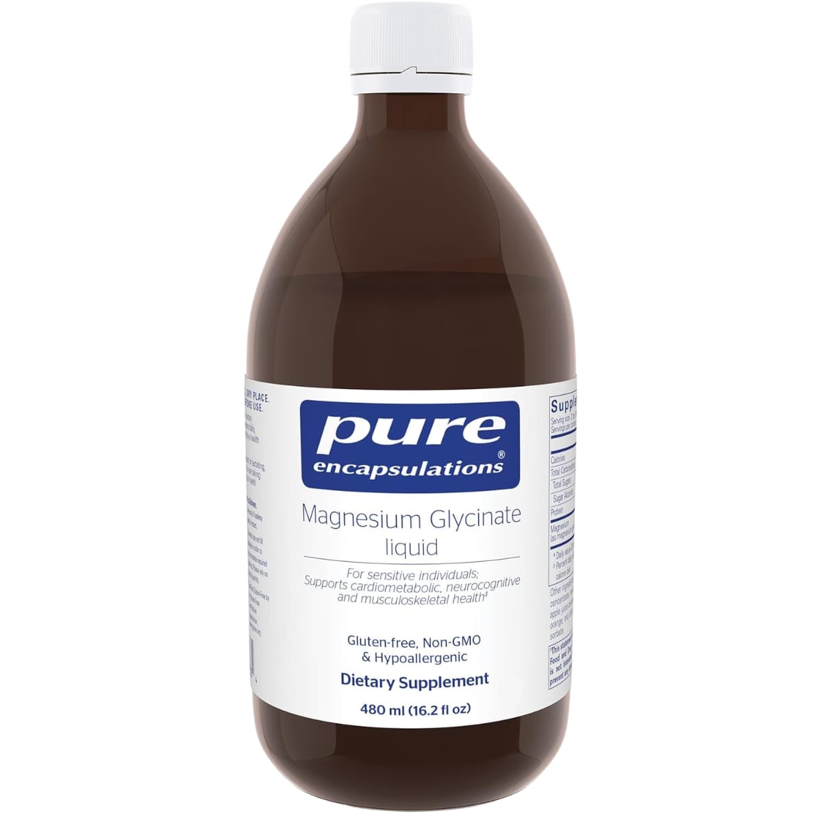 Frasco frontal de Pure Encapsulations glicinato de magnesio líquido 480 ml.