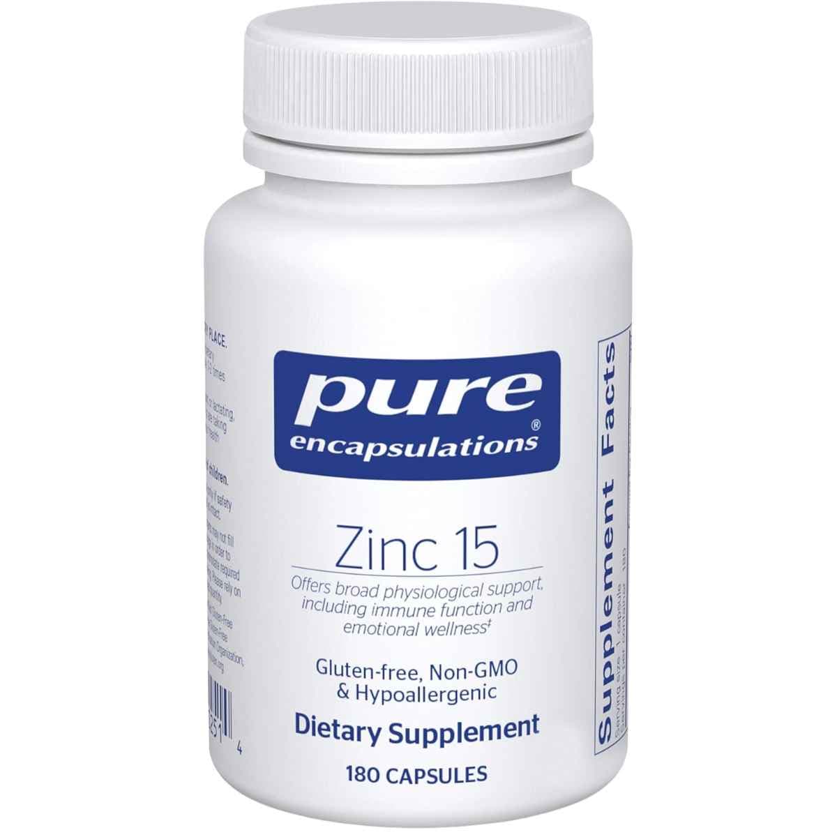 Frasco de suplemento Pure Encapsulations Picolinato de Zinc 15 mg 180 cápsulas