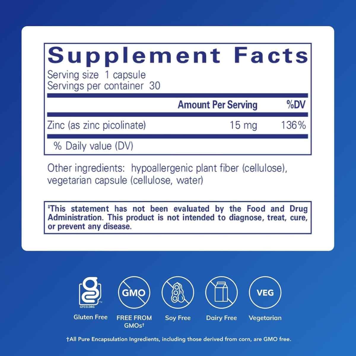 Tabla nutricional del suplemento Pure Encapsulations Picolinato de Zinc 15 mg 30 cápsulas