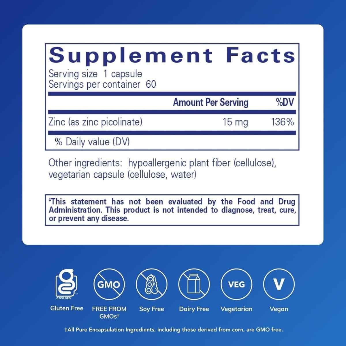 Tabla nutricional del suplemento Pure Encapsulations Picolinato de Zinc 15 mg 60 cápsulas