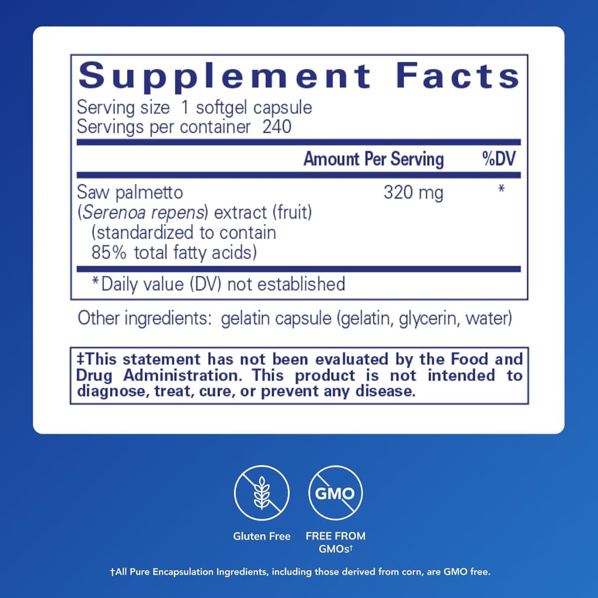 Tabla nutricional del suplemento Pure Encapsulations Saw Palmetto 320 mg 240 cápsulas blandas