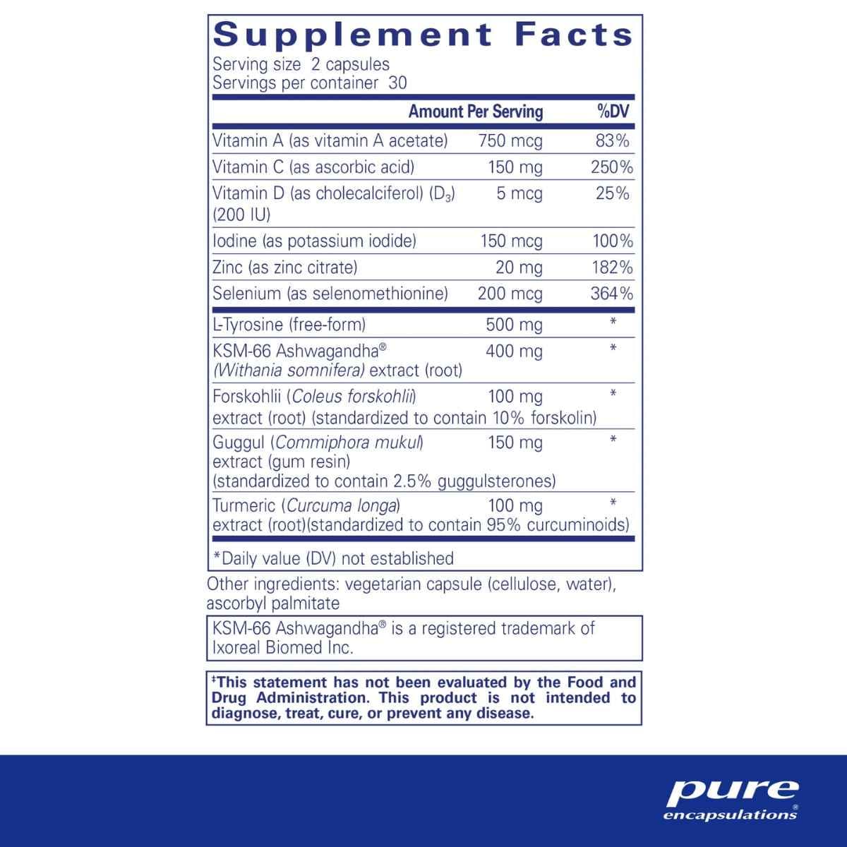 Tabla nutricional del suplemento Pure Encapsulations Thyroid Support Complex 60 cápsulas
