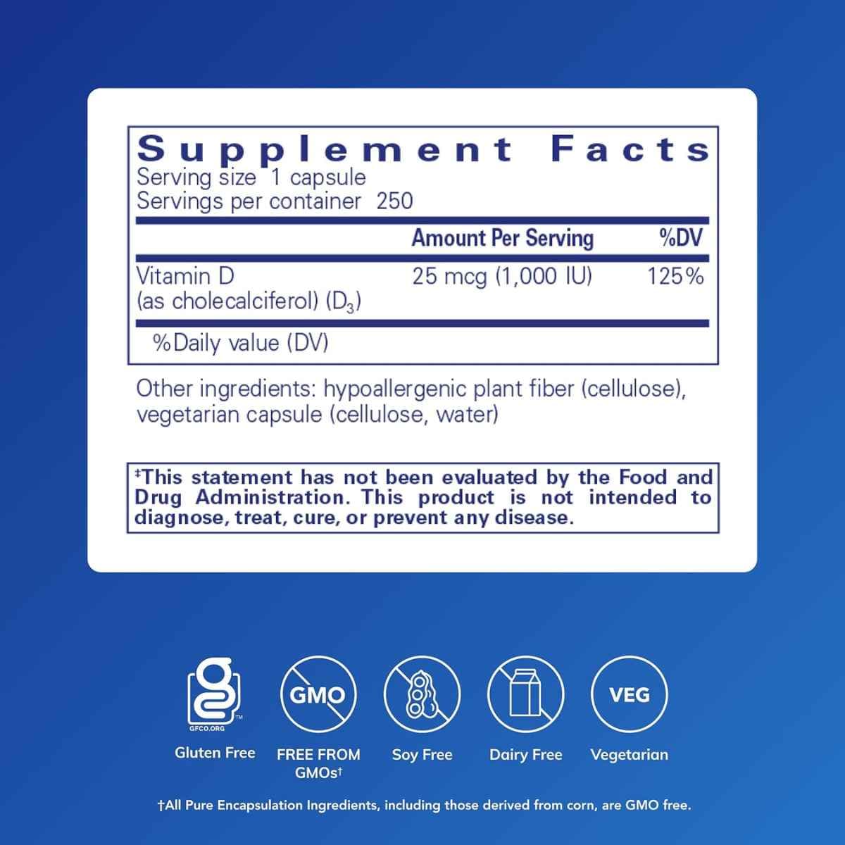 Tabla nutricional del suplemento Pure Encapsulations Vitamina D3 1000 UI 250 cápsulas