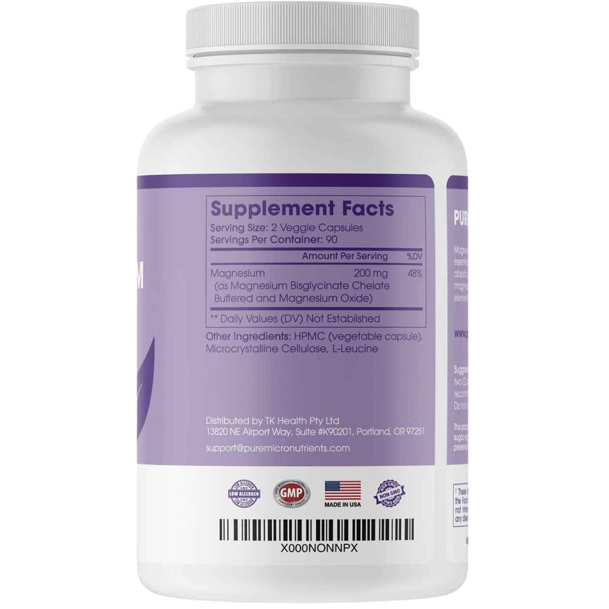 Panel de información del suplemento de Pure Micronutrients complejo de magnesio con 200 mg por porción.