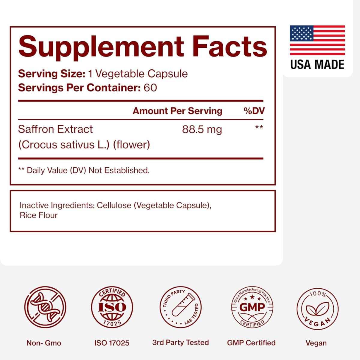 Tabla nutricional del suplemento Pure Micronutrients Extracto de Azafrán 60 cápsulas