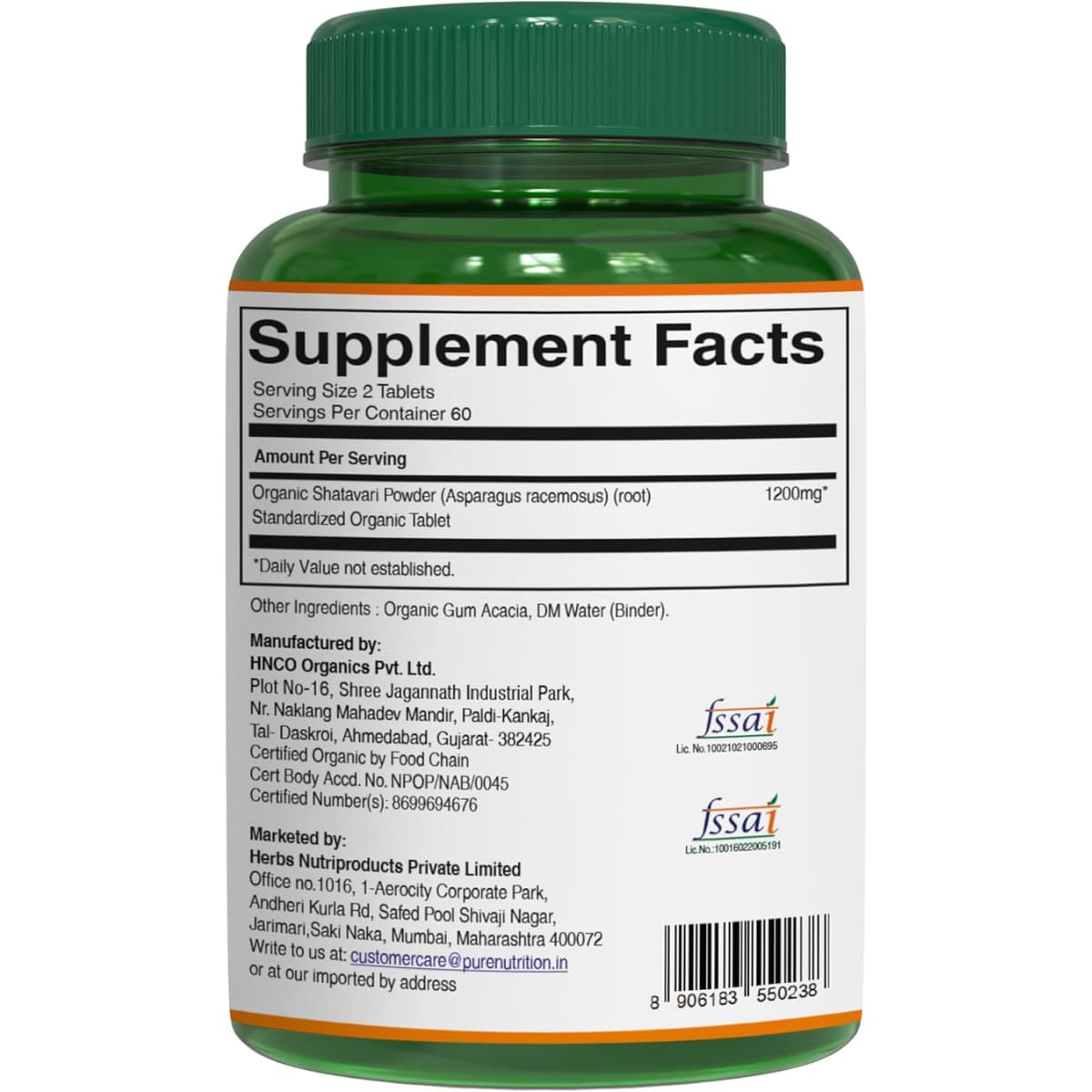 Tabla nutricional del suplemento Pure Nutrition Organic Shatavari 120 tabletas