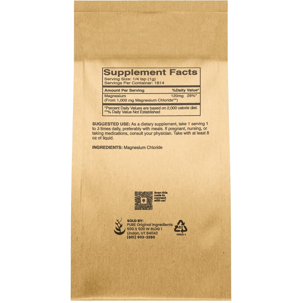 Información del suplemento de Pure Original Ingredients cloruro de magnesio en polvo 1.82 kg