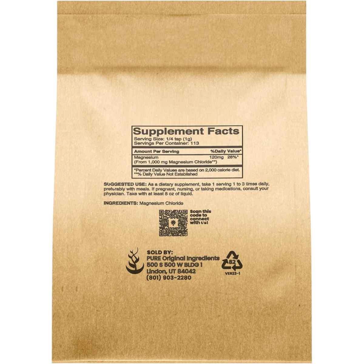 Información del suplemento de Pure Original Ingredients cloruro de magnesio en polvo 113.4 g