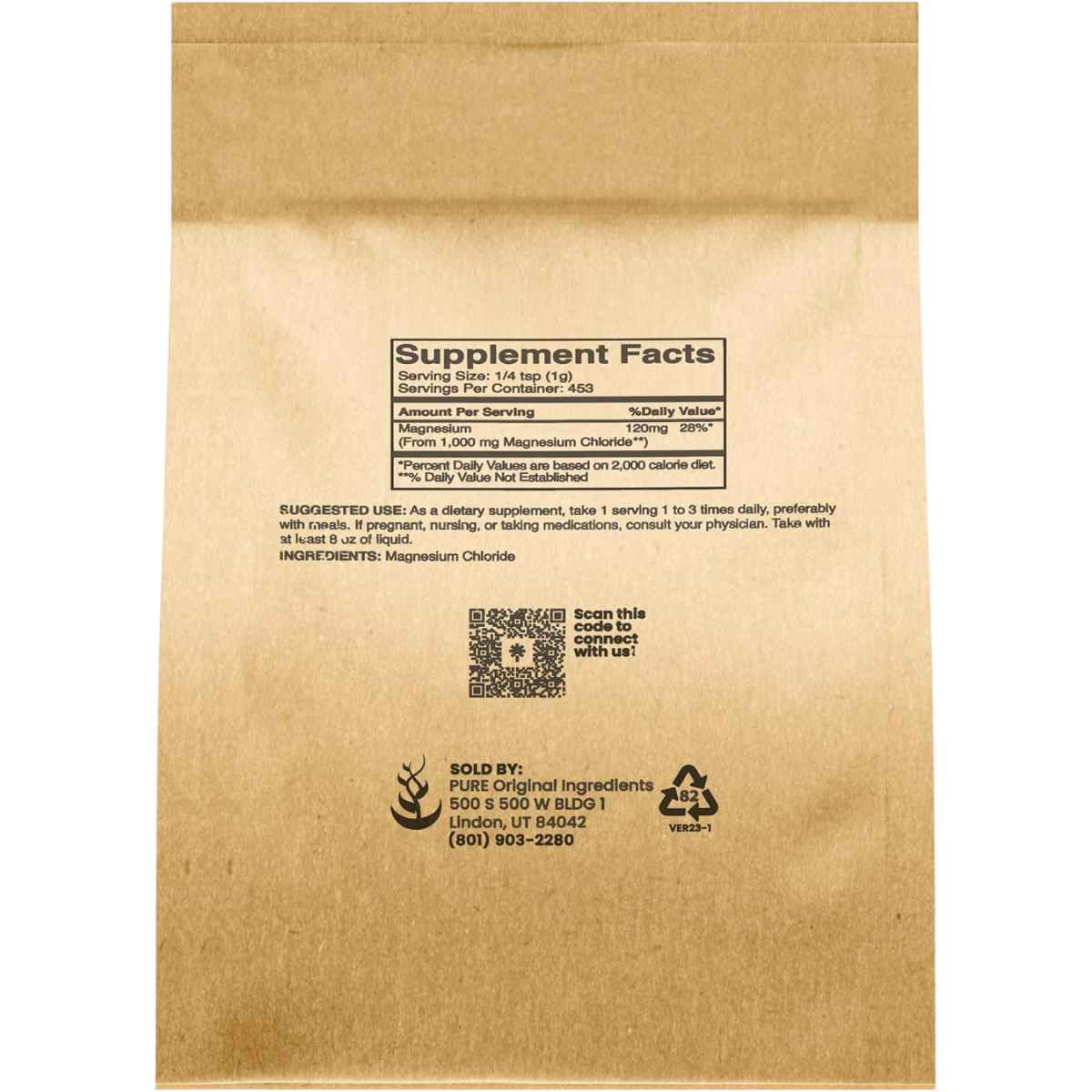 Información del suplemento de Pure Original Ingredients cloruro de magnesio en polvo 453.6 g