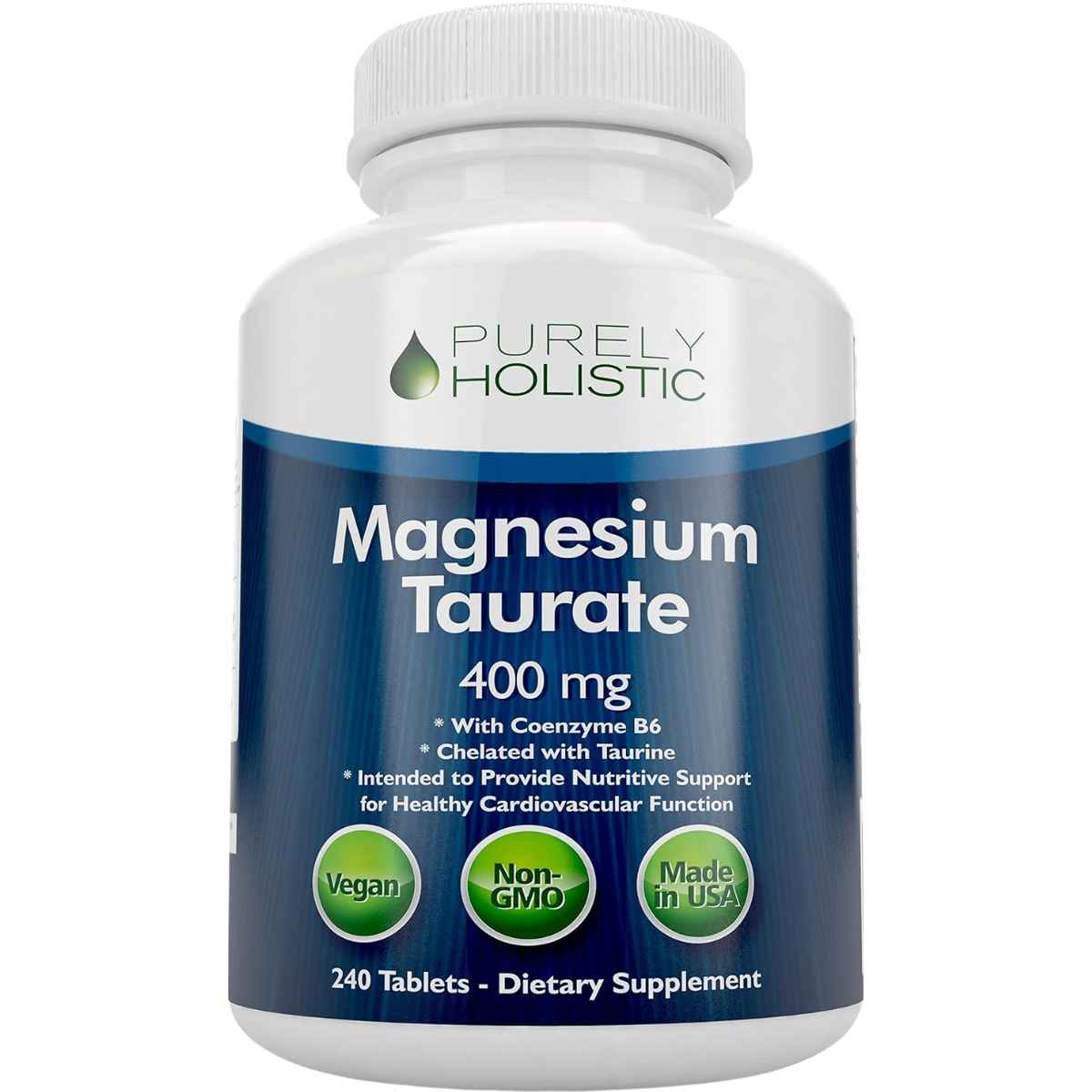 Purely Holistic taurato de magnesio 400 mg, 240 tabletas, vista frontal.