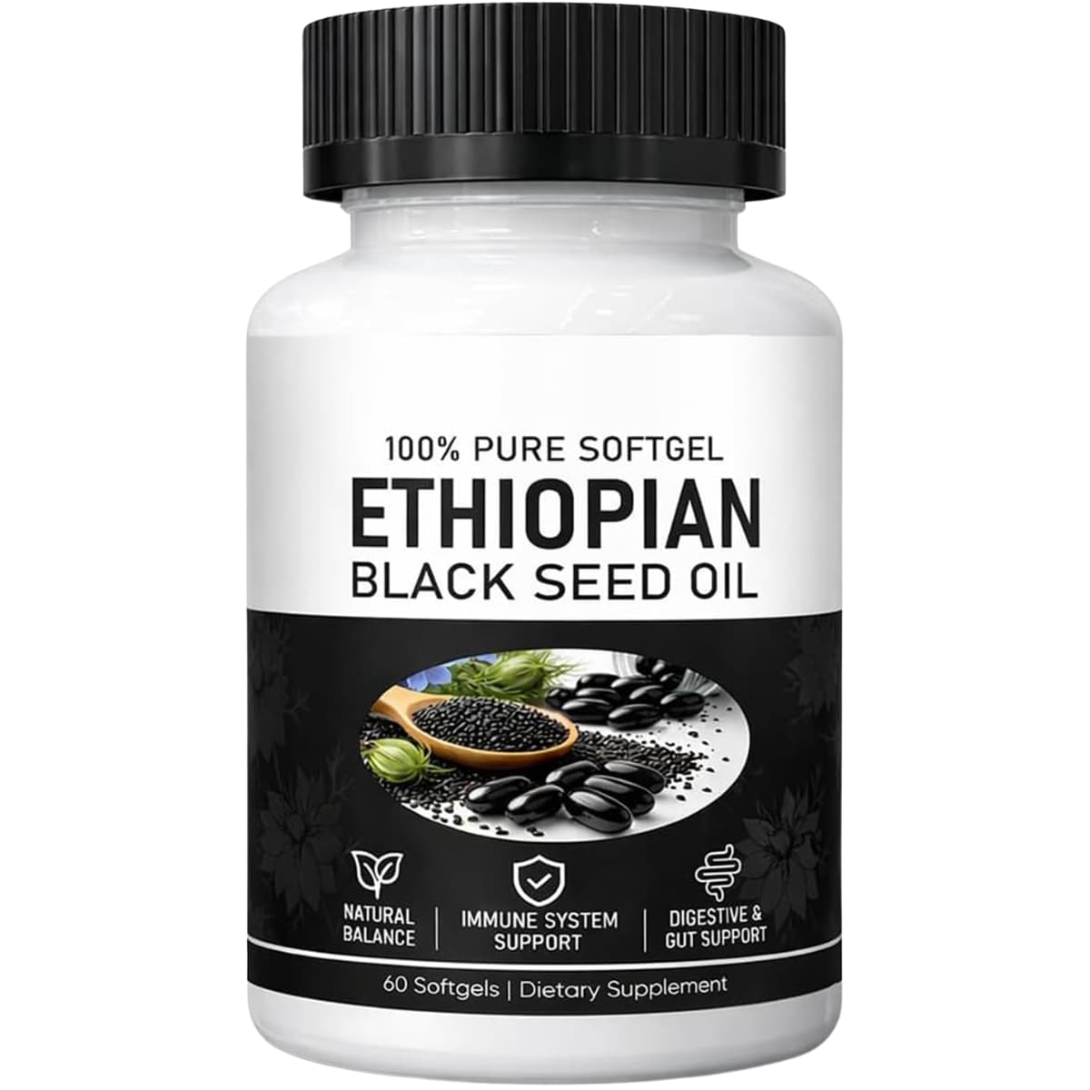 Frasco Frontal de Purely Nutrient Ethiopian Black Seed Oil con 60 cápsulas blandas