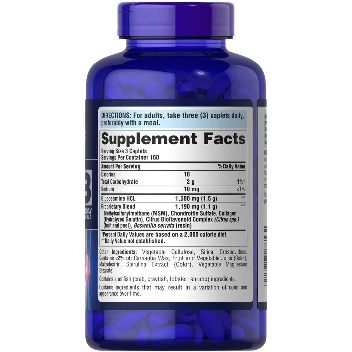 Información del suplemento de Puritan's Pride glucosamina, condroitina y MSM para la presentación de 480 tabletas
