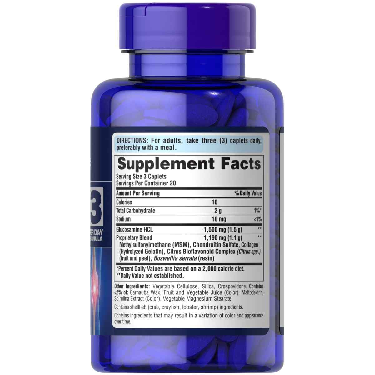 Información del suplemento de Puritan's Pride glucosamina, condroitina y MSM para la presentación de 60 tabletas