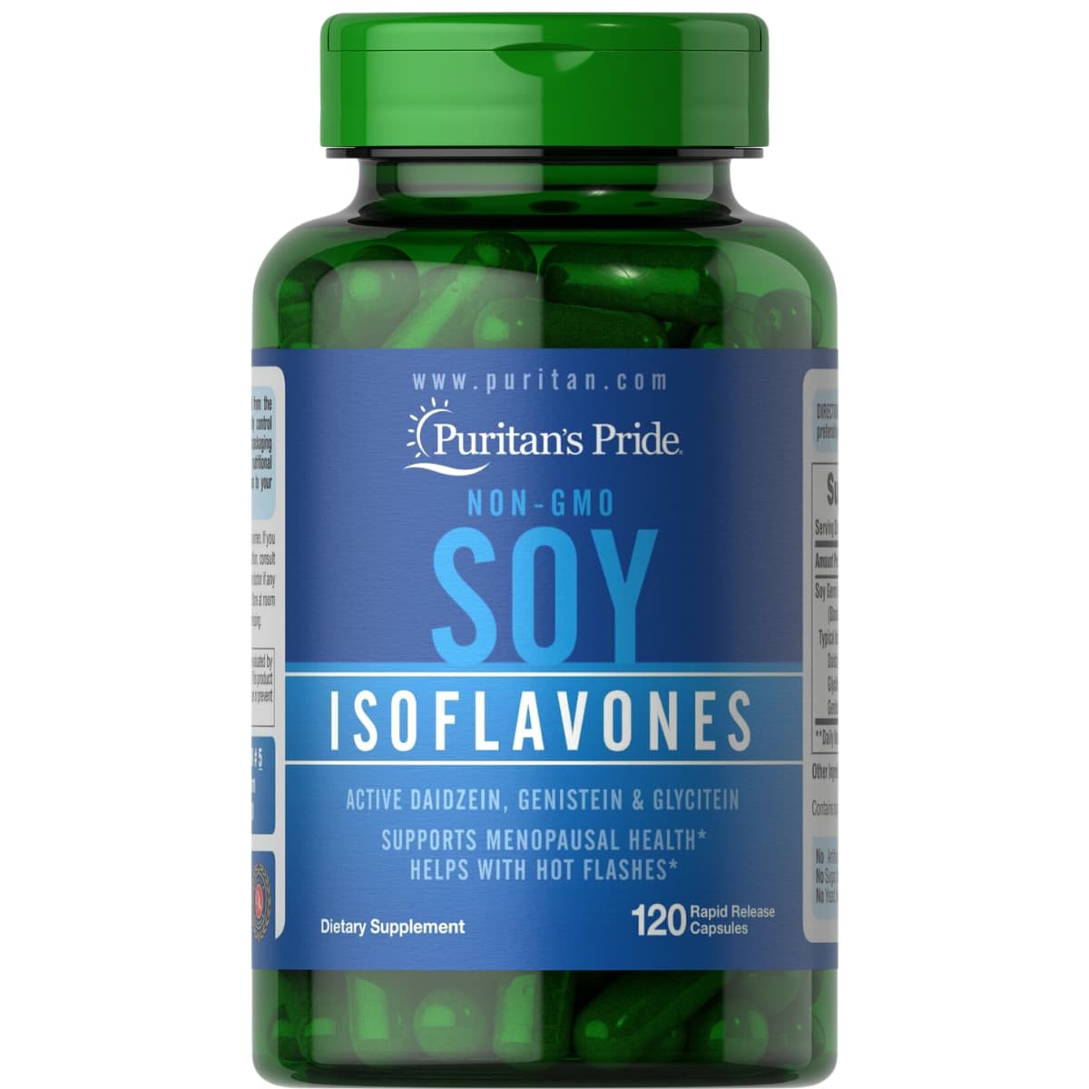 Frasco frontal de Puritan's Pride Concentrado de isoflavonas de soya 750 mg, presentación de 120 cápsulas.