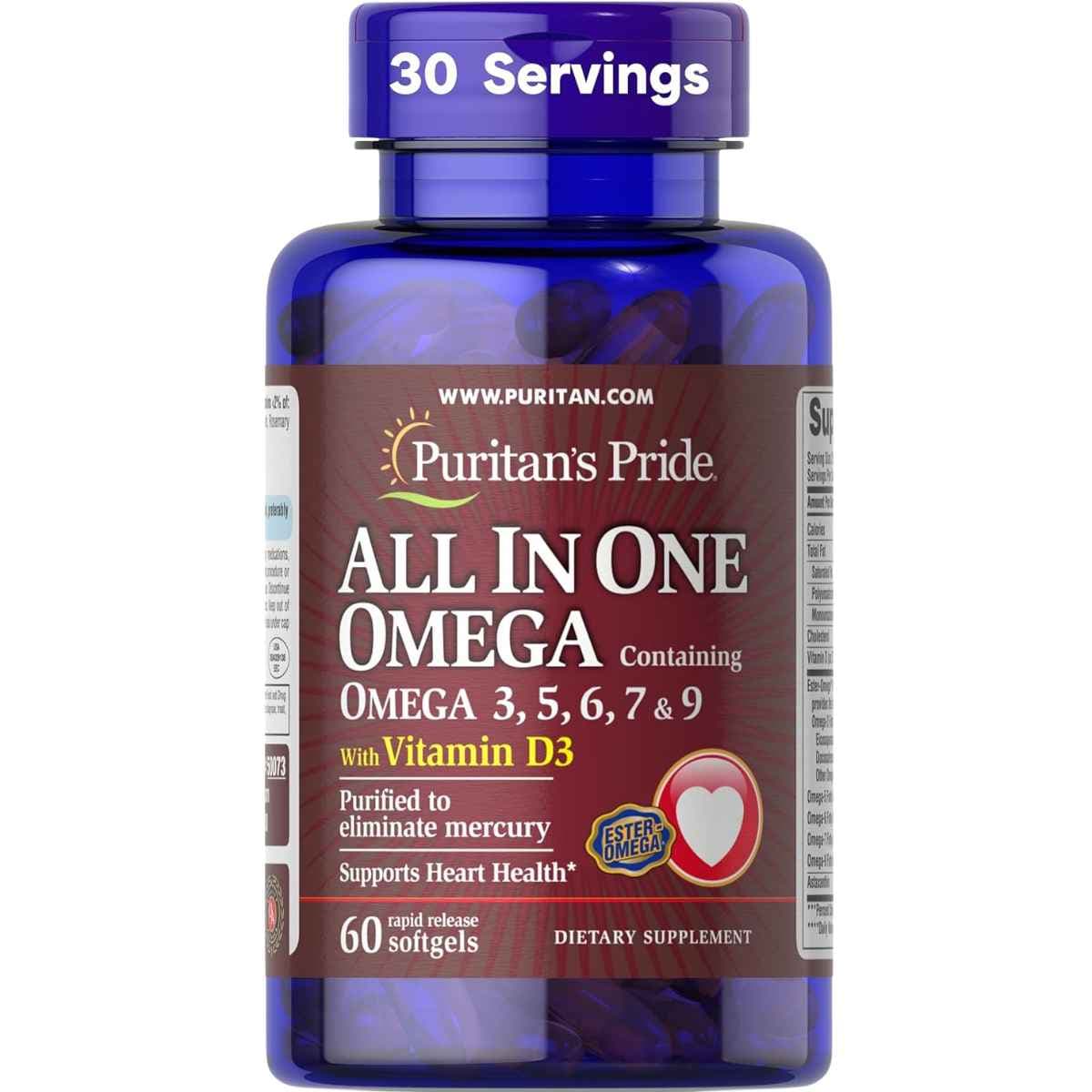 Frasco frontal de Puritan's Pride omega 3, 5, 6, 7 y 9 con vitamina D3, 60 cápsulas blandas