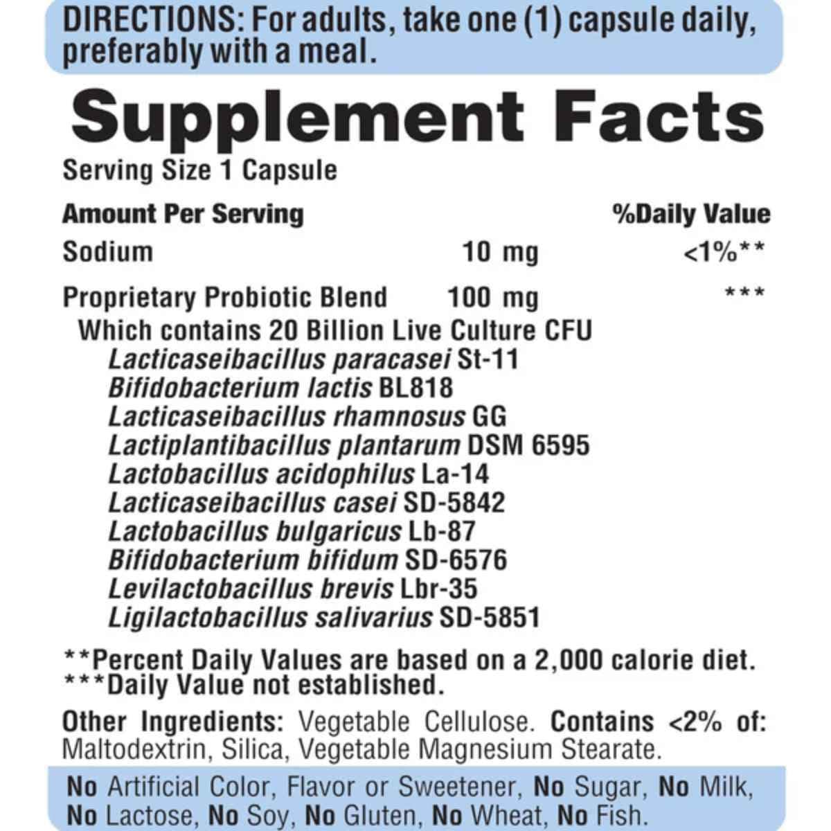 Tabla nutricional del suplemento Puritan's Pride Probiótico 10 60 Cápsulas
