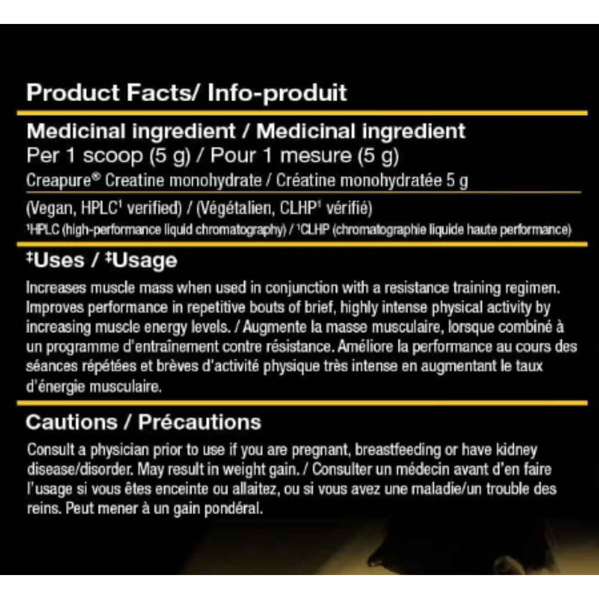 Panel de información del producto de PVL creatina monohidratada Creapure con 5 g por porción